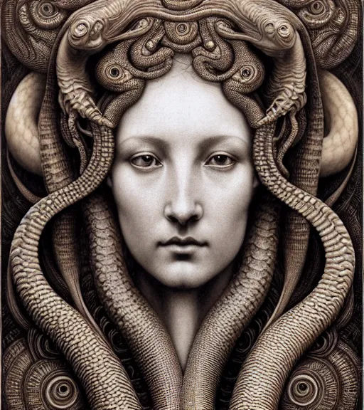 Prompt: detailed realistic beautiful serpent goddess face portrait by jean delville, gustave dore, iris van herpen and marco mazzoni, art forms of nature by ernst haeckel, art nouveau, symbolist, visionary, gothic, neo - gothic, pre - raphaelite, fractal lace, intricate alien botanicals, ai biodiversity, surreality, hyperdetailed ultrasharp octane render