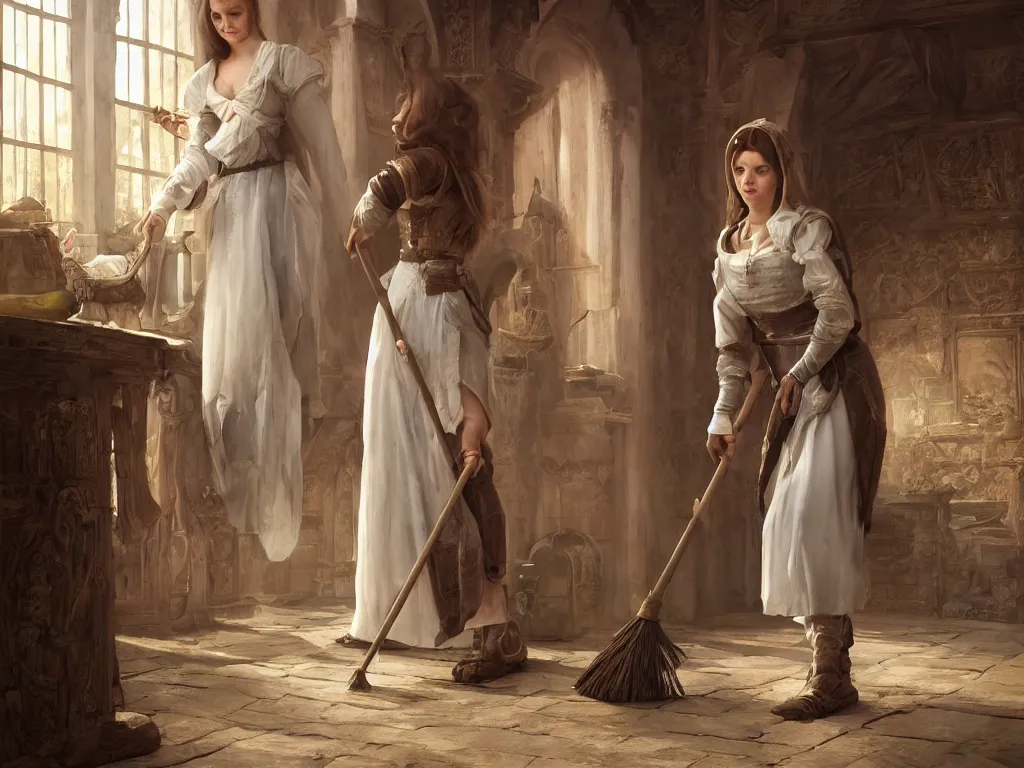 Image similar to epic portrait an medieval female maid cleaning the floor with a broom, sunny, beauty, pretty face, sweaty skin, digital painting, artstation, concept art, soft light, hdri, smooth, sharp focus, illustration, fantasy, intricate, elegant, highly detailed, D&D, matte painting, in the style of Greg Rutkowski and Alphonse Mucha and artemisia, 8k, highly detailed, jurgens, rutkowski, bouguereau, pastoral, rustic, georgic, detailed concept art, illustration, colorful pastel, painting, detail, ultra detailed, digital art, 4K,