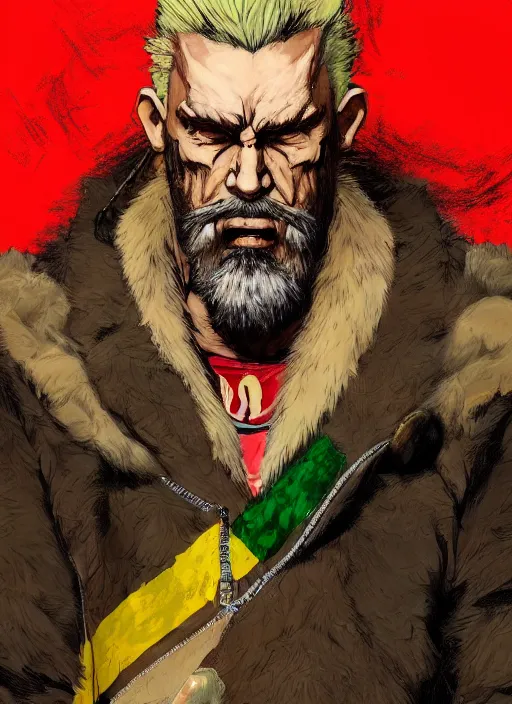 Image similar to Full body portrait of an old muscular man with blonde hair and beard wearing bear skin and red, green and gold jacket. In style of Yoji Shinkawa and Hyung-tae Kim, trending on ArtStation, dark fantasy, great composition, concept art, highly detailed.