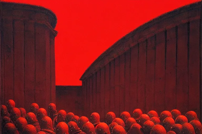 Image similar to only with red, a red melted emperor, taormina amphitheatre, crowd hails him, in the style of beksinski, parts by edward hopper, parts by rodcenko, parts by yue minjun, intricate and epic composition, red by caravaggio, insanely quality, highly detailed, masterpiece, red light, artstation, 4 k