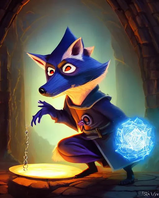 Image similar to closeup, highly detailed digital illustration portrait of hooded sorcerer sly cooper raccoon casting a magical energy sparkling blue glowing spell in an ancient castle, action pose, d & d, magic the gathering, by rhads, frank frazetta, lois van baarle, jean - baptiste monge, disney, pixar,