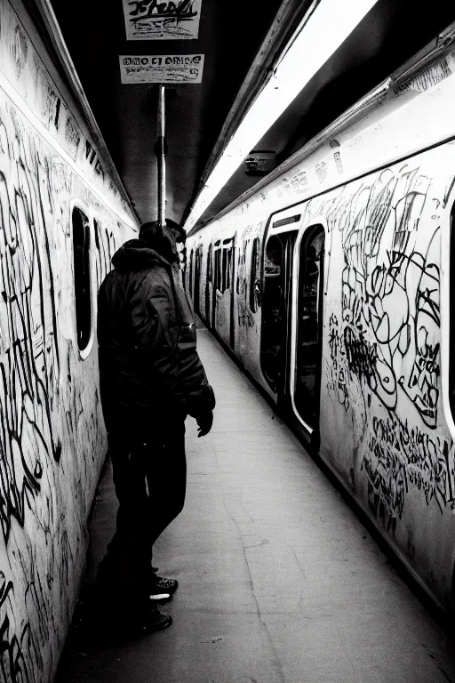 Image similar to subway cabin inside all in graffiti, man in stussy jacket closeup writing graffiti, night, film photography, exposed b & w photography, christopher morris photography