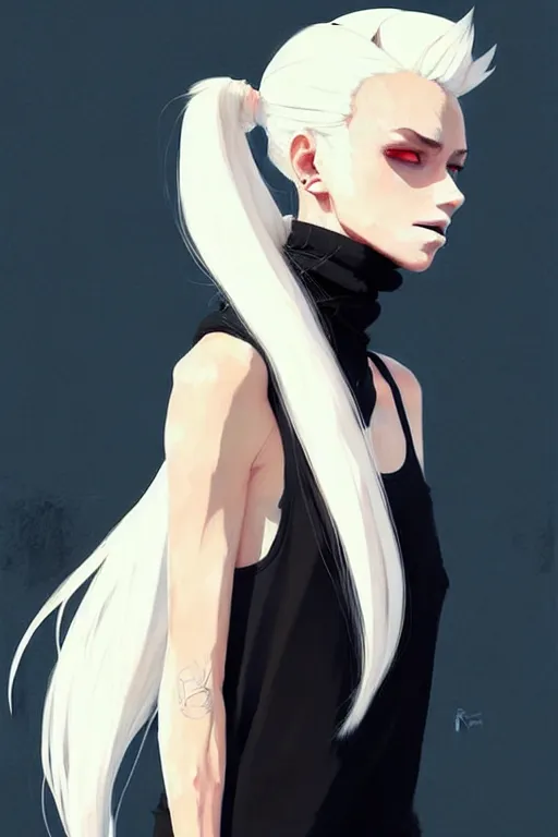 Image similar to a ultradetailed beautiful painting of a stylish woman in with white hair in a ponytail, she is wearing a black tank top, by conrad roset, greg rutkowski and makoto shinkai trending on artstation