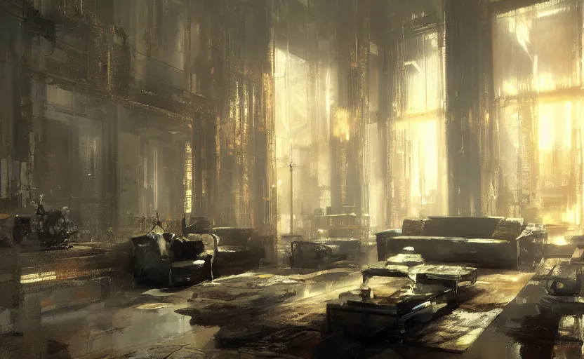 Prompt: a luxury high tech apartment interior, painting by Craig Mullins, interior design, victorian style, octane rendering, warm moody lighting, wide angle lens, low view, in the style of blade runner