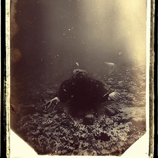 Image similar to tintype photo, underwater, huge monster