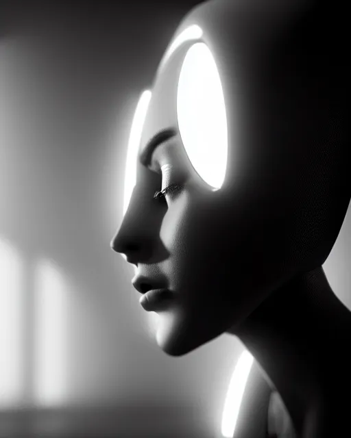 Image similar to black and white high quality photo of a female AI-queen-dragon-cyborg-doll looking into a sci-fi mirror, volumetric lighting, brutalism, foggy, dreamy, hyperdetailed, bokeh, photorealistic, cinematic, masterpiece, elegant, dark, in the style of Man Ray, octane render, 8K,