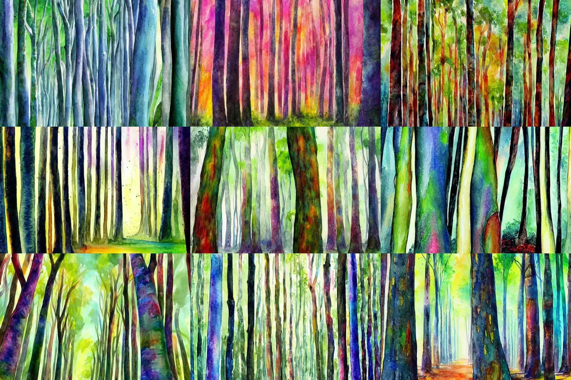Prompt: rainbow eucalyptus forest, high quality watercolors, award winning, trending on artstation