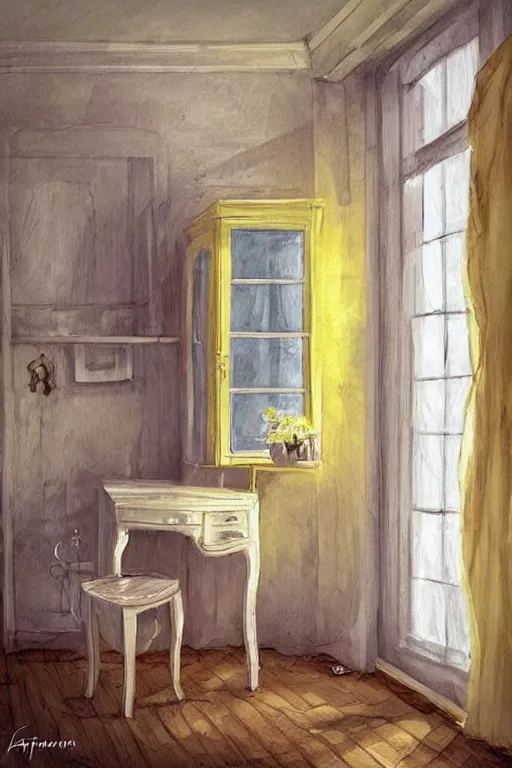 Image similar to shabby chic dressing room, vanilla colored lighting, soft painted room, wood floor, yellow lighting bare room, empty room, studio room, window to night time, warm lighting inside, by artgerm