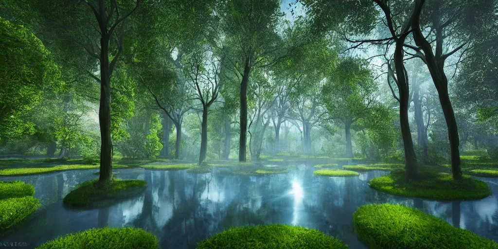 Prompt: immaculate forest with trees spaced at equidistant intervals between circular pools of water on the ground, with light flitering through the trees by pixar, fairytale, magic realism, dynamic camera angle, deep 3 point perspective.