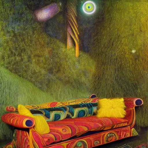 Image similar to psychedelic couch sofa in the lush forest, milky way, designed by arnold bocklin, jules bastien - lepage, tarsila do amaral, wayne barlowe and gustave baumann, cheval michael, trending on artstation, mediterranean, star, sharp focus, colorful refracted sparkles and lines, soft light, 8 k 4 k