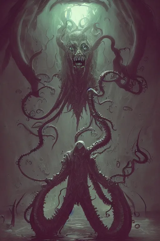 Image similar to demonic lovecraftian cult leader, watery grave, digital art, in the style of greg rutkowski, trending on artstation