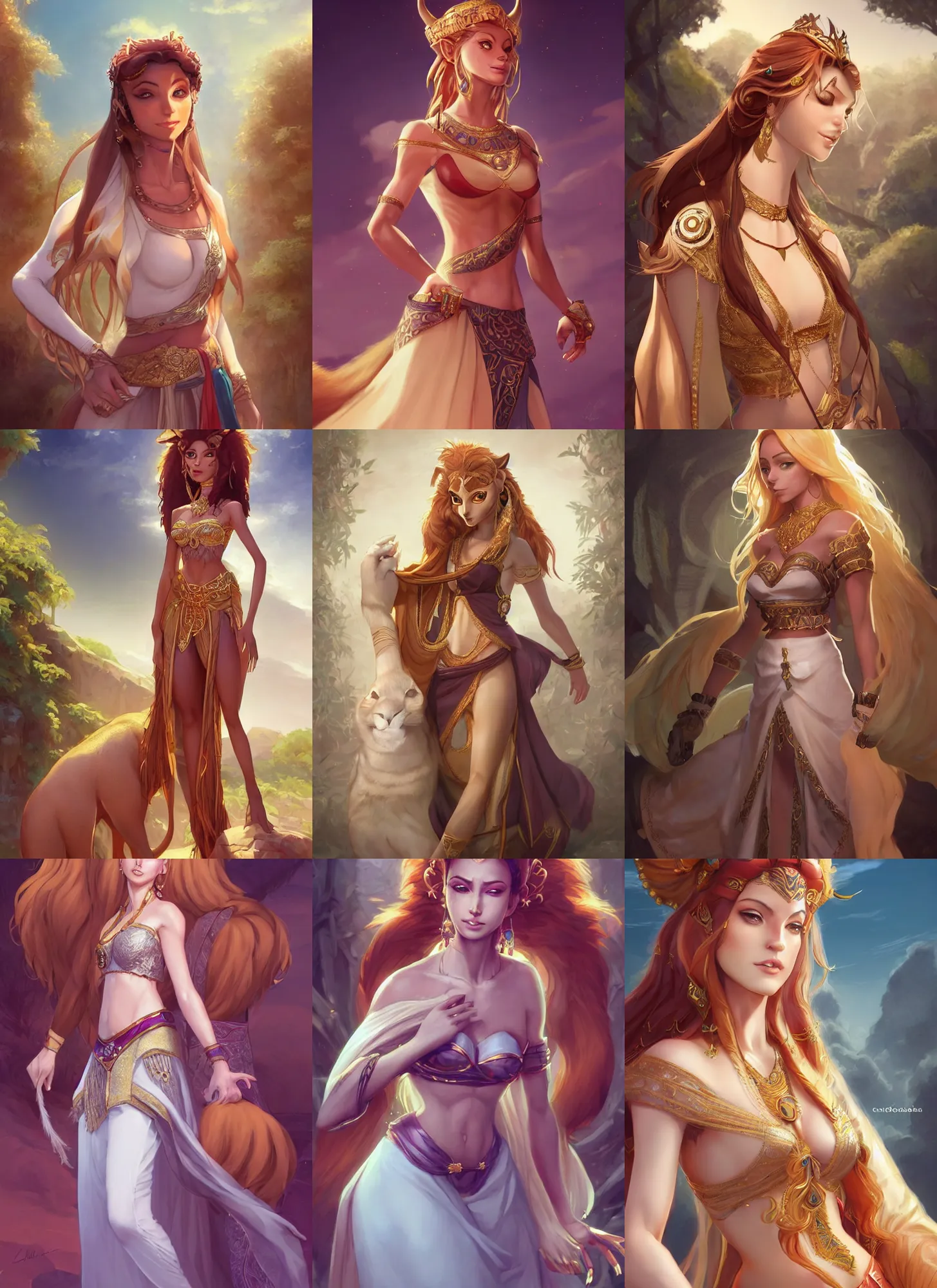 Prompt: beautiful portrait of a female anthropomorphic lioness!!! fursona!!! dressed as an arabian princess. exposed midriff and visible abs. character design by charlie bowater, ross tran, artgerm, and makoto shinkai, detailed, soft lighting, rendered in octane