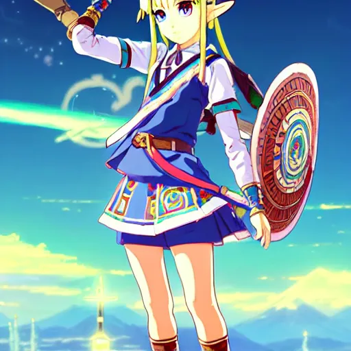 Image similar to a beautiful! young feminine link from botw, wearing japanese catholic school girl outfit with mayan pattern and native style, aztec street fashion, guilty gear art direction, perfect anime face, gapmoe yandere grimdark, trending on pixiv fanbox, painted by greg rutkowski makoto shinkai takashi takeuchi studio ghibli, akihiko yoshida