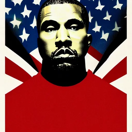 Image similar to Russian Propaganda Soviet screen-print shepard fairey illustrated poster of Kanye West as President standing in front of a USA America flag