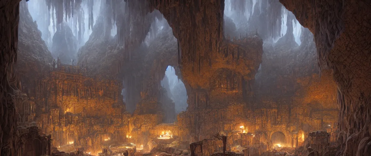 Prompt: vast library in a cave with huge windows flanked by stalagmites, michael whelan, james gurney, thomas kinkade, rodney mathews, trending on artstation, ultra realistic