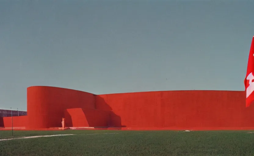 Image similar to 60s movie still of a giant stalinist style sovietic hall with a USSR flag, by Irving Penn , cinestill 800t 35mm eastmancolor, heavy grainy picture, very detailed, high quality, 4k, HD criterion, precise texture, panoramic, cinematic