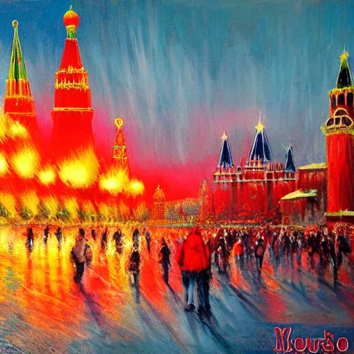 Image similar to huge nuclear explosion, red square moscow, nuclear explosion wave, photorealistic, detailed, masterpiece