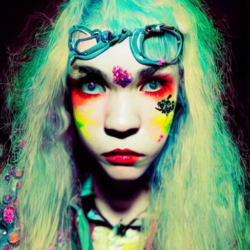 Image similar to grimes a. k. a. claire elise boucher painted by dali, dreamy, bright colors