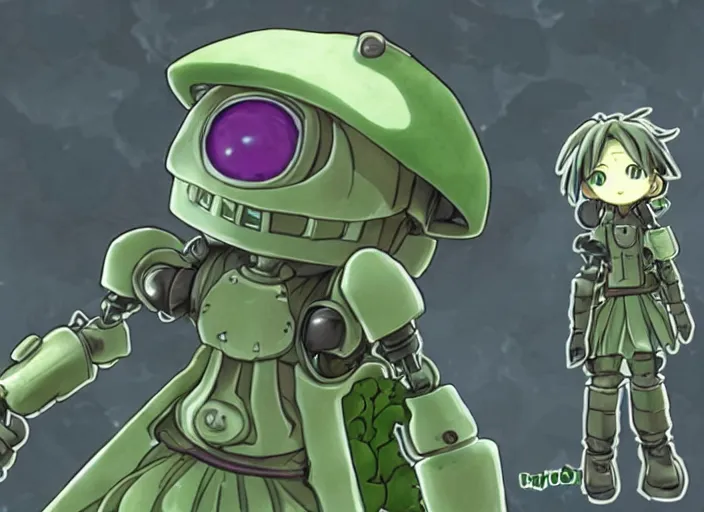 Image similar to robot made of vegetables, in made in abyss style