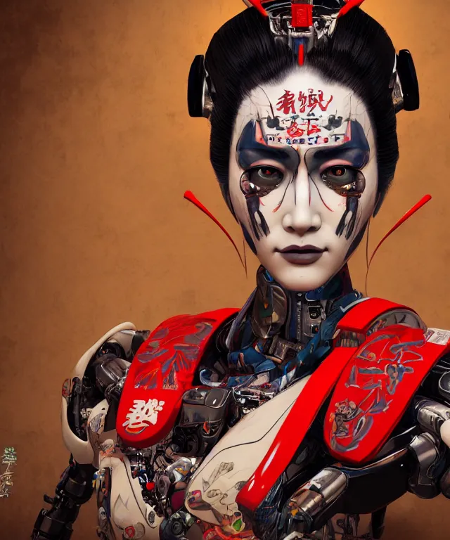 Image similar to an epic fantastic realism comic book style portrait painting of a japanese robotic geisha with kanji tattoos and decals, apex legends, octane render, intricate detail, 4 k hd, unreal engine 5