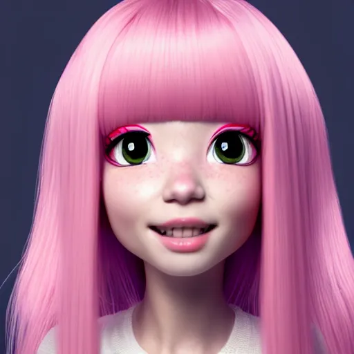 Image similar to A portrait of Nikki from Shining Nikki and Love, a cute 3d cgi toon young woman with long light pink hair, full bangs, hazel eyes, full face, light makeup, pale skin, Chinese heritage, cute outfit, medium shot, mid-shot, hyperdetailed, 8k, trending on artstation, as a Pixar character