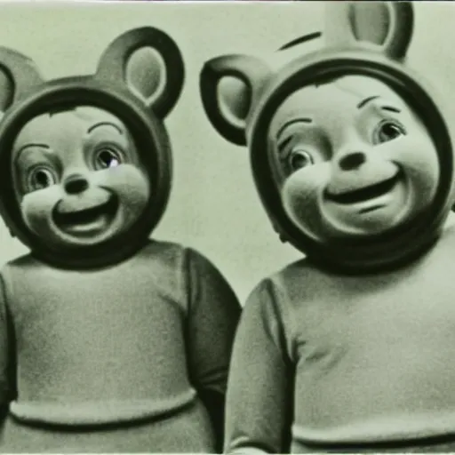 Image similar to creepy retro photograph of the teletubbies
