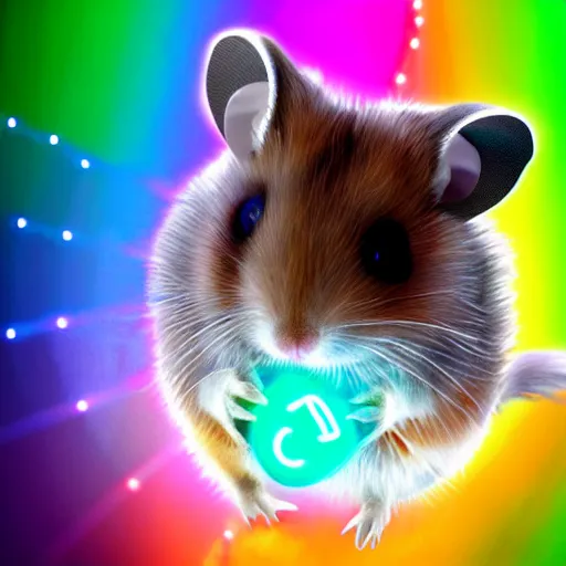 Image similar to cyberpunk hamster! holding rainbow! gem! crystal, neon lights, light reflection, 8 k, hd