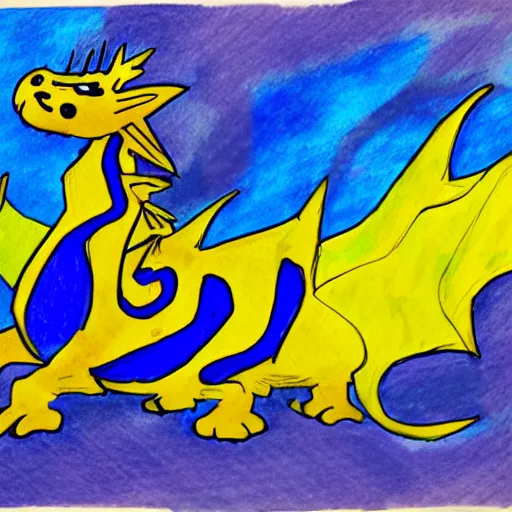 Image similar to children's cartoon of a blue dragon sitting on top of a yellow suburban home