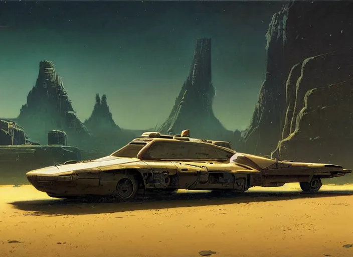 Prompt: a vehicle in a stunning landscape by martin deschambault, dean ellis, peter elson, josan gonzalez, david a hardy, john harris, wadim kashin, angus mckie, moebius, bruce pennington