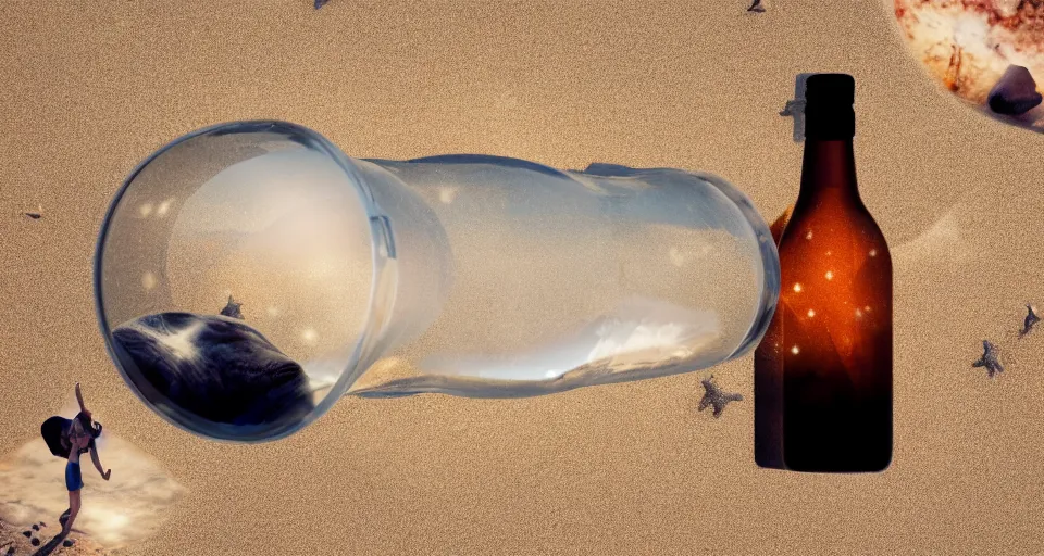 Prompt: the universe inside of a bottle on the beach, octane render, hyper detailed, cinematic composition, cinematic