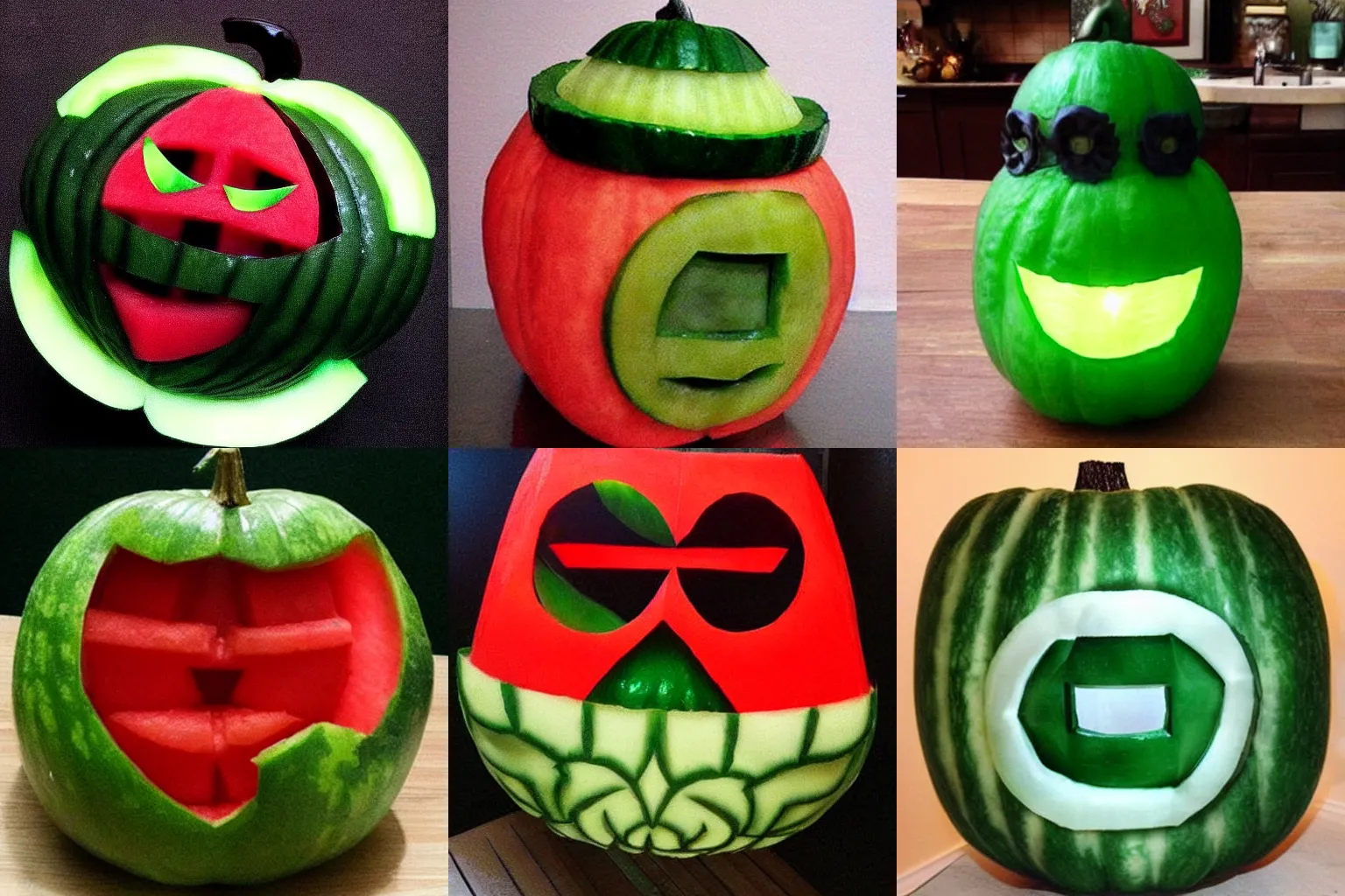 Prompt: green Halloween lantern made of a whole watermelon that is red inside, trending on Pinterest