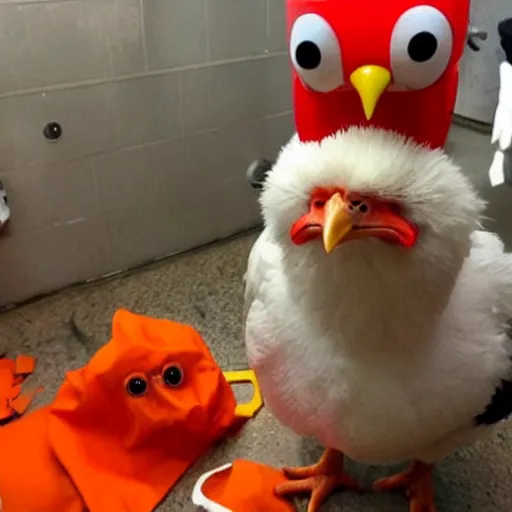 Image similar to photo of a cute chicken dressed as an inmate