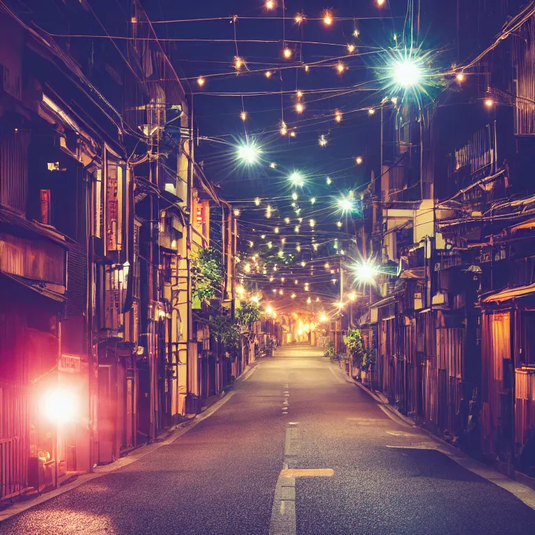 Image similar to photograph of kyoto street at night, bright street lamps, lens flare