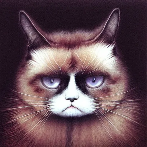 Prompt: cute chthonic fluffy grumpy cat by Ayami Kojima, Beksinski, Giger