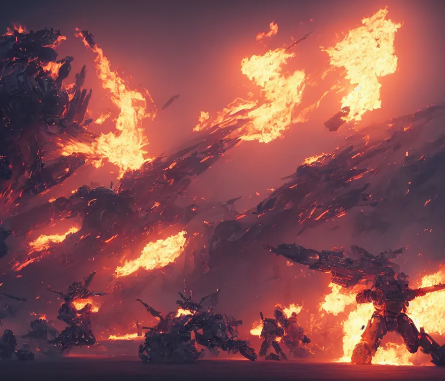 Image similar to a beautiful hyperrealistic detailed 3 d render of burning mechs in a far realm war, by anton otto fischer, atey ghailan, unreal engine, octane render, gigantic, 3 d, brilliantly coloured, intricate, ultra wide angle, trending on artstation, volumetric lighting, hdr, polished, micro details, ray tracing, 4 k