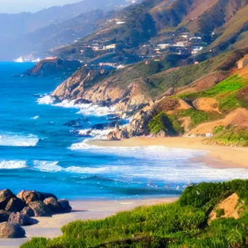 Image similar to malibu hills with ocean, pixar, disney, cinematic scene