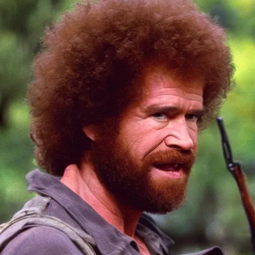 Image similar to A still of Bob Ross as Rambo in Rambo First Blood (1982)