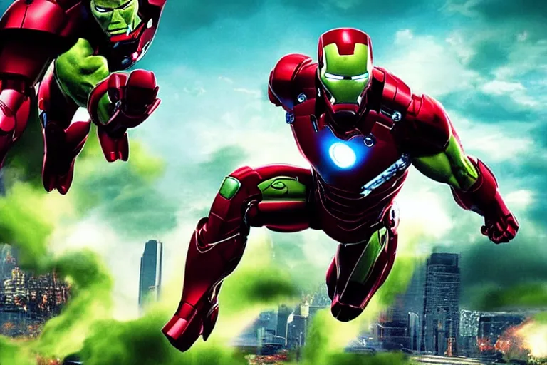 Prompt: ironman riding the hulk in a race, cinematic imax shot, retro, hyper detailed, windy mane, motion still