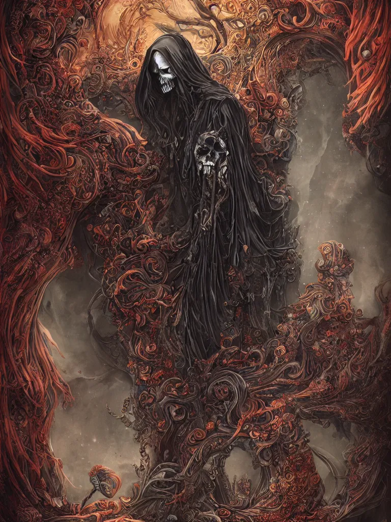 Image similar to rich deep colors, an intricate and detailed illustration of the grim reaper, guarding the gate to the underworld, by anna dittmann, trending on art station, intricate detail, highly detailed, atmospheric, hades, octane, colors