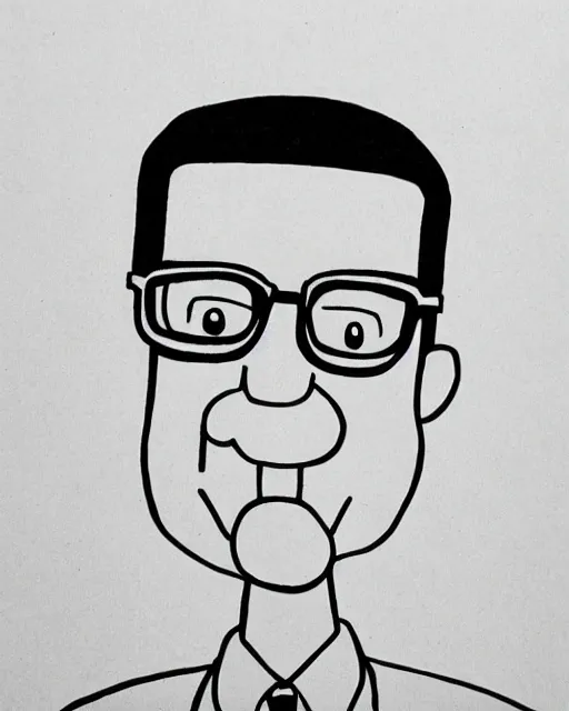 Prompt: Hank Hill drawn by in the style of Moomins by Tove Jansson, cross hatching, black and white, thin outlines