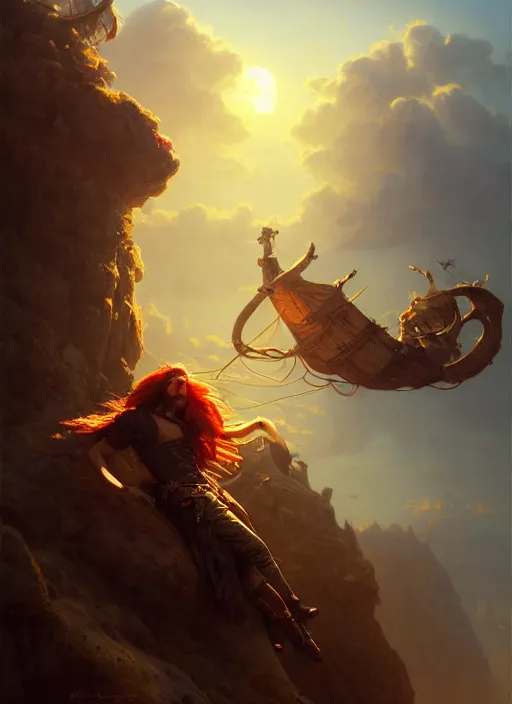 Image similar to portrait painting of a handsome rugged long hair crimson hair male pirate, soft hair steampunk zeppelin in the sky sunset golden hour art by raphael lacoste and stephan martiniere greg rutkowski gaston bussiere fantasy soft hair trending on artstation deviantart book cover art concept art key art dramatic volumetric lighting, 4 k, award winning