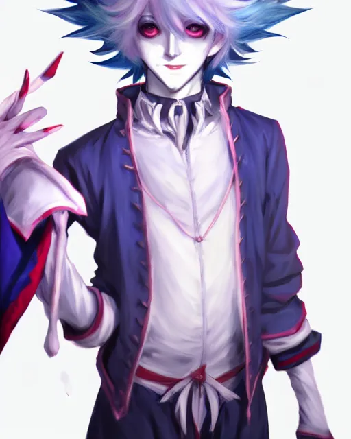 Image similar to extremely attractive soft feminine male as a jester anime character screenshot, nagito komaeda and hisoka jester, anime feminine male fool, intricate, sharp focus, illustration, highly detailed, digital painting, cell shaded, concept art, matte, art by ilya kuvshinov and kyoto animation and wlop, ruan jia, greg rutkowski, studio quality