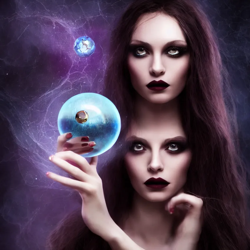 Prompt: enchanting femenine witch gazing into a crystyal ball she is holding, hyper attractive, seductive, very complex, hyper - maximalist, overdetailed, legendary cinematic, archetype with timeless beauty breathtaking eyes, highly intricate, realism, perspicious detail, photorealistic, lifelike, dslr 8 k, unbeatable coherency, octane render