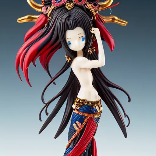 Image similar to figurine of a female goddess, highly detailed, dark red and blue and black color palette, intricate, high quality anime artstyle, in the style of sana takeda