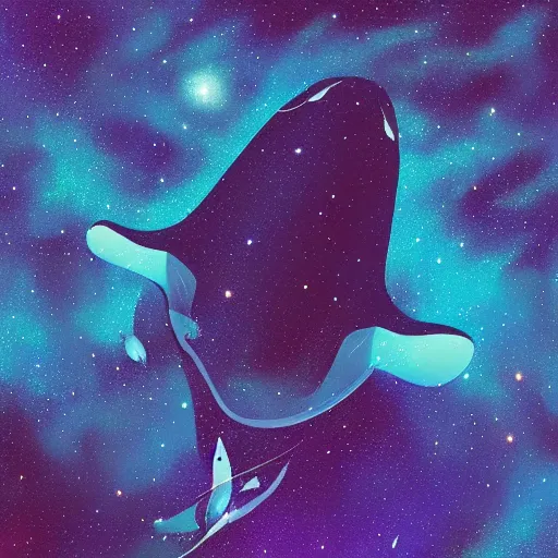 Image similar to portrait of whale swimming on a night sky, swimming across the universe, nebulae, purple and blue, galaxies, oniric, dreamy, beautiful, highly detailed, cinematic, trending on artstation