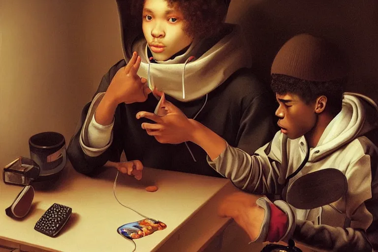 Prompt: black teen in a hoodie playing video games in his room with the reflection of the screen lighting his face, detailed digital renaissance painting by artgerm by caravaggio and face by wlop