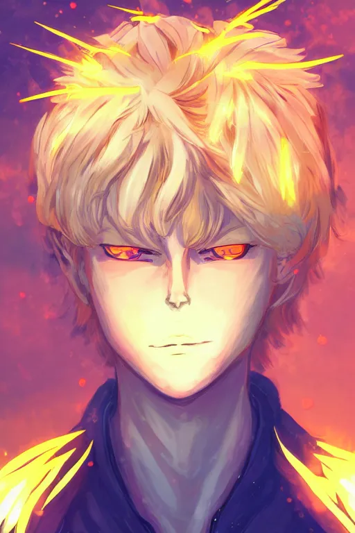 Image similar to golden glowing luminescent male anime character, blonde hair, rich eyes, symmetrical, highly detailed, digital art, sharp focus, trending on art station, afro hair, electricity everywhere