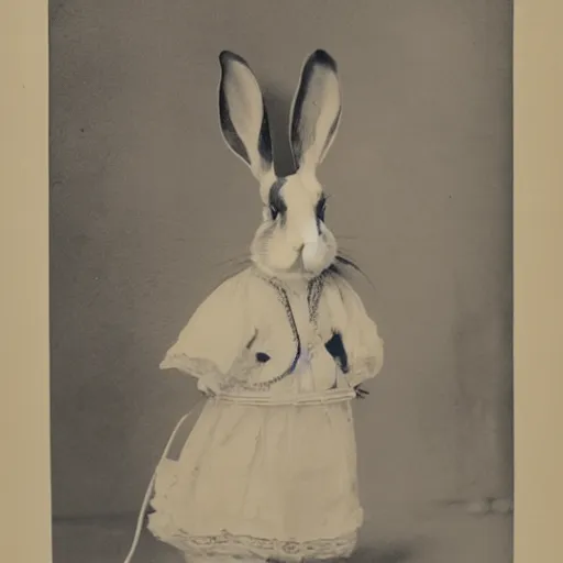 Image similar to a victorian portrait of a rabbit wearing a white dress