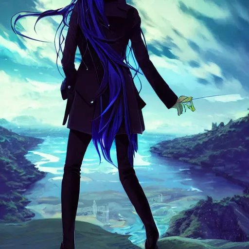 Image similar to low - angle shot from behind of a long blue - haired girl in a tailcoat overlooking demacia, combat boots, noir, screenshot, sharp focus, intricate, illustration, cell shaded, digital painting, highly detailed, straight hair, art by ilya kuvshinov, wlop, greg rutkowski, studio quality, james jean