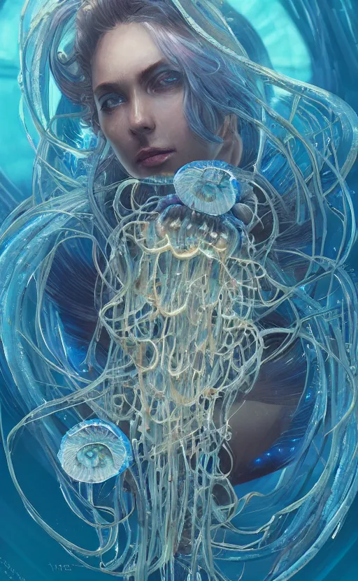 Image similar to Panorama hyper detailed painting of a cyberpunk jellyfish, blue tones, underwater, 8 mm, highly detailed, digital painting, artstation, concept art, smooth, sharp focus, illustration, art by artgerm and greg rutkowski and alphonse mucha